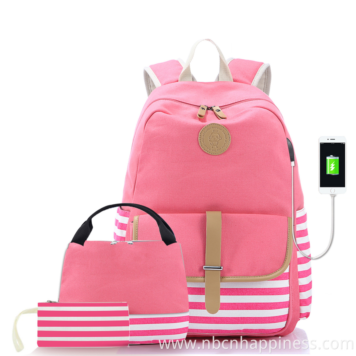 Amazon hot sale foldable usb charging unisex school bag navel blue vintage cotton canvas backpack bag set